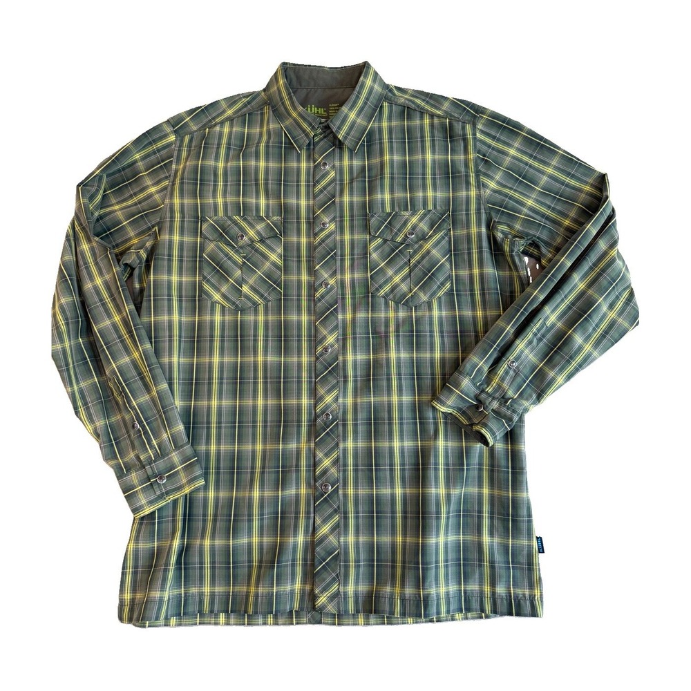 KUHL Shirt Mens Large Plaid Green Long Sleeve Eluxur Outdoor Pearl Snap Western